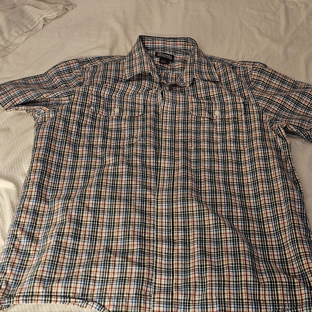 Michael Kors Tailored Fit Shirt Men's Sz L Short Sleeve Button Up Plaid